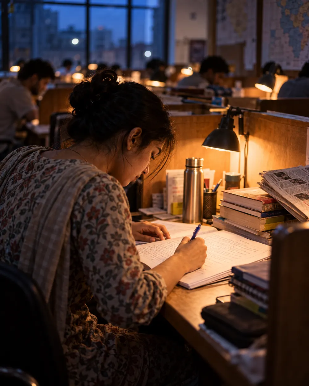 An aspirant writing a Hindi answer at a library desk