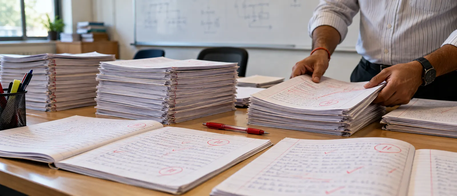 A stack of evaluated answer booklets on a coaching-centre desk